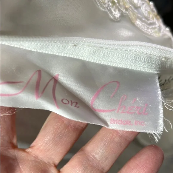 Mon Cheri White Sheath Wedding Gown with Flutter Sleeves with veil and train